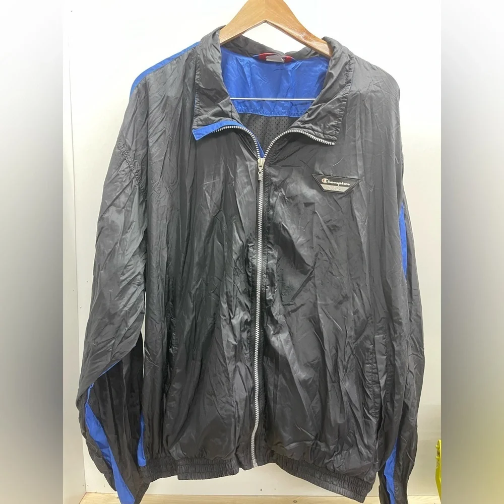 Vintage Champion‎ Men's Black and Blue Windbreaker Jacket